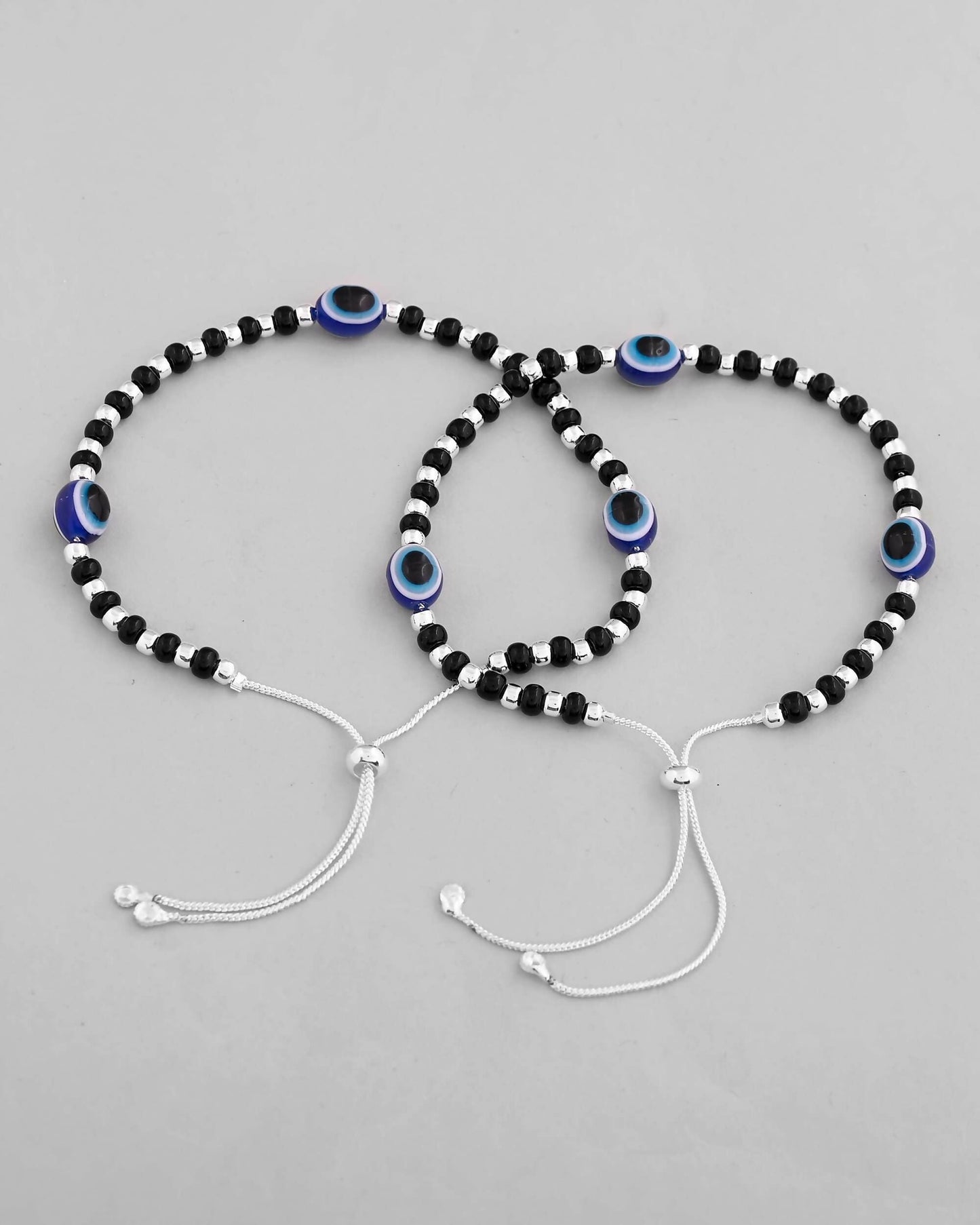 VOJ Set of 2 Silver Plated Evil Eye With Black And Silver Beads Anklet