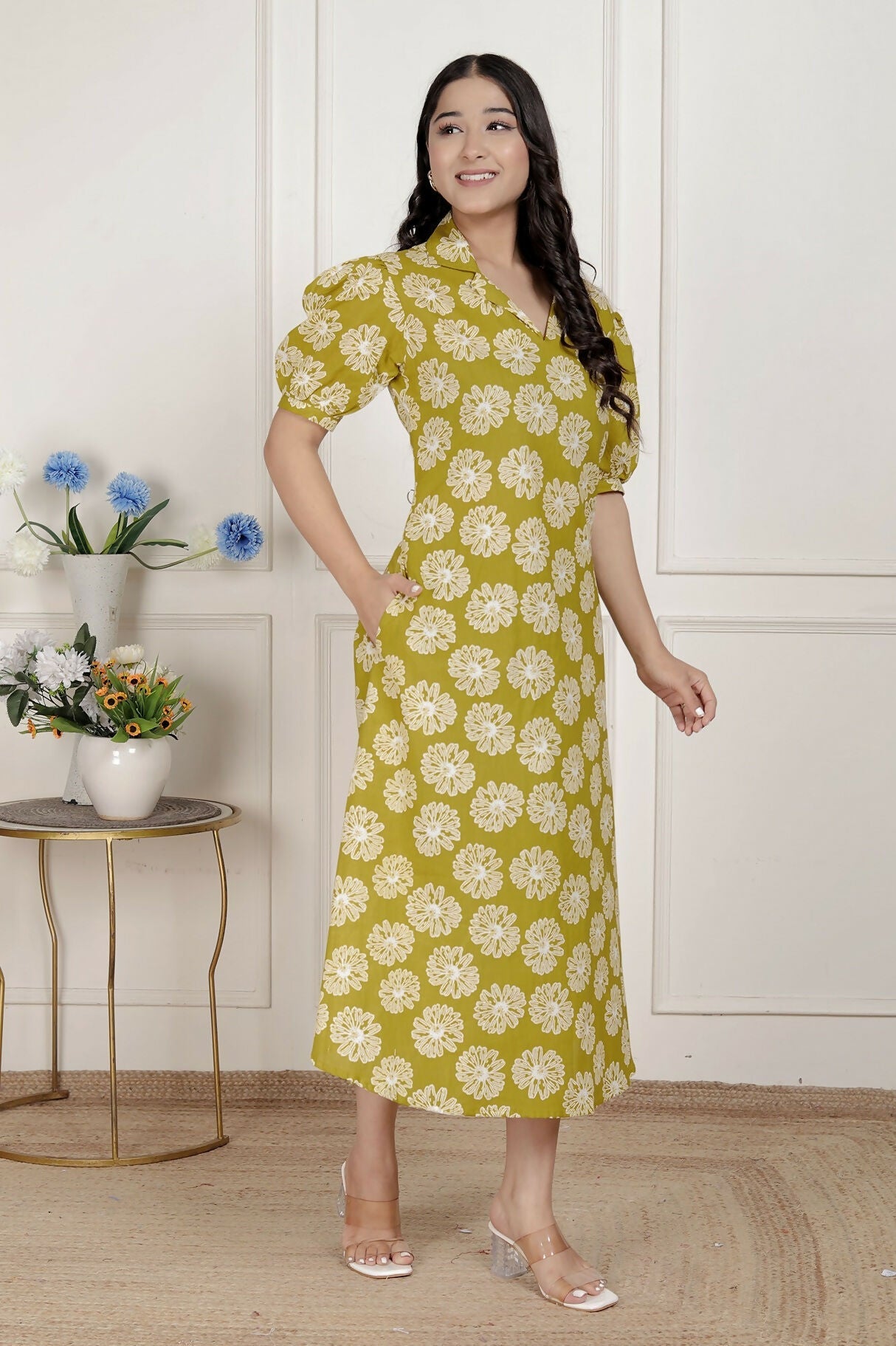 Miravan Women'S Yellow Printed Puff Sleeve Floral Maxi Party Dress