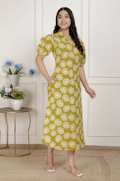 Miravan Women'S Yellow Printed Puff Sleeve Floral Maxi Party Dress