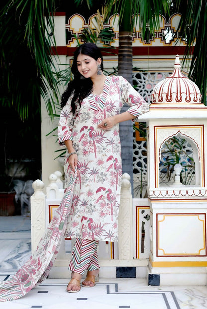 Miravan Women's Cotton Light Pink Scenic Birds And Leaf Straight Pakistani Style Suit Set