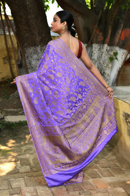 Joban Fashion Dark Lilac Crepe Chiffon Pure Handloom Banarasi Silk Saree