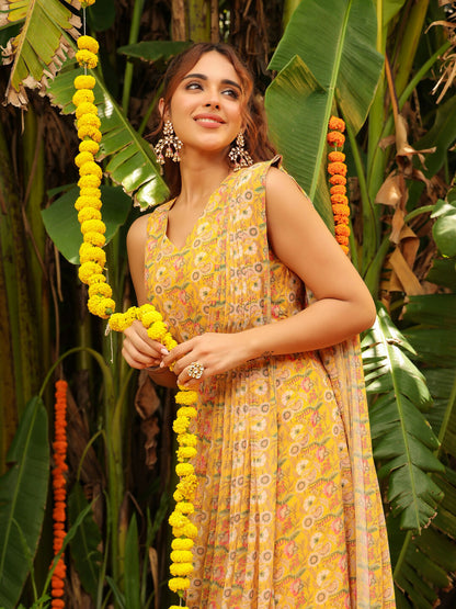 Janasya Mustard Georgette Floral Saree