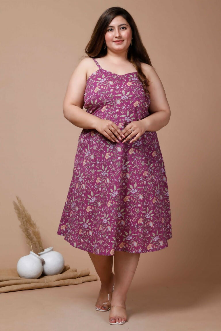 Miravan Women's Plus Size Purple Floral Printed Shoulder Strap Midi Dress