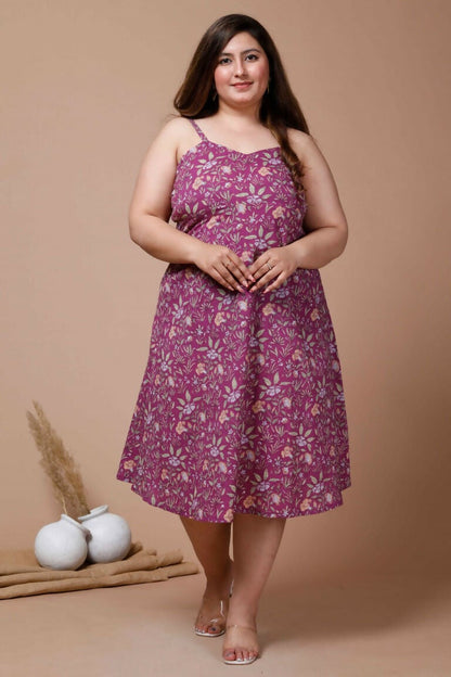 Miravan Women's Plus Size Purple Floral Printed Shoulder Strap Midi Dress