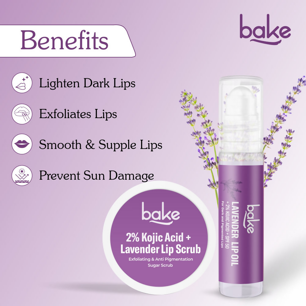 Bake Kojic Acid Lavender Lip Kit With Lip Balm SPF 50 & Lip Scrub For Dark & Pigmented Lips