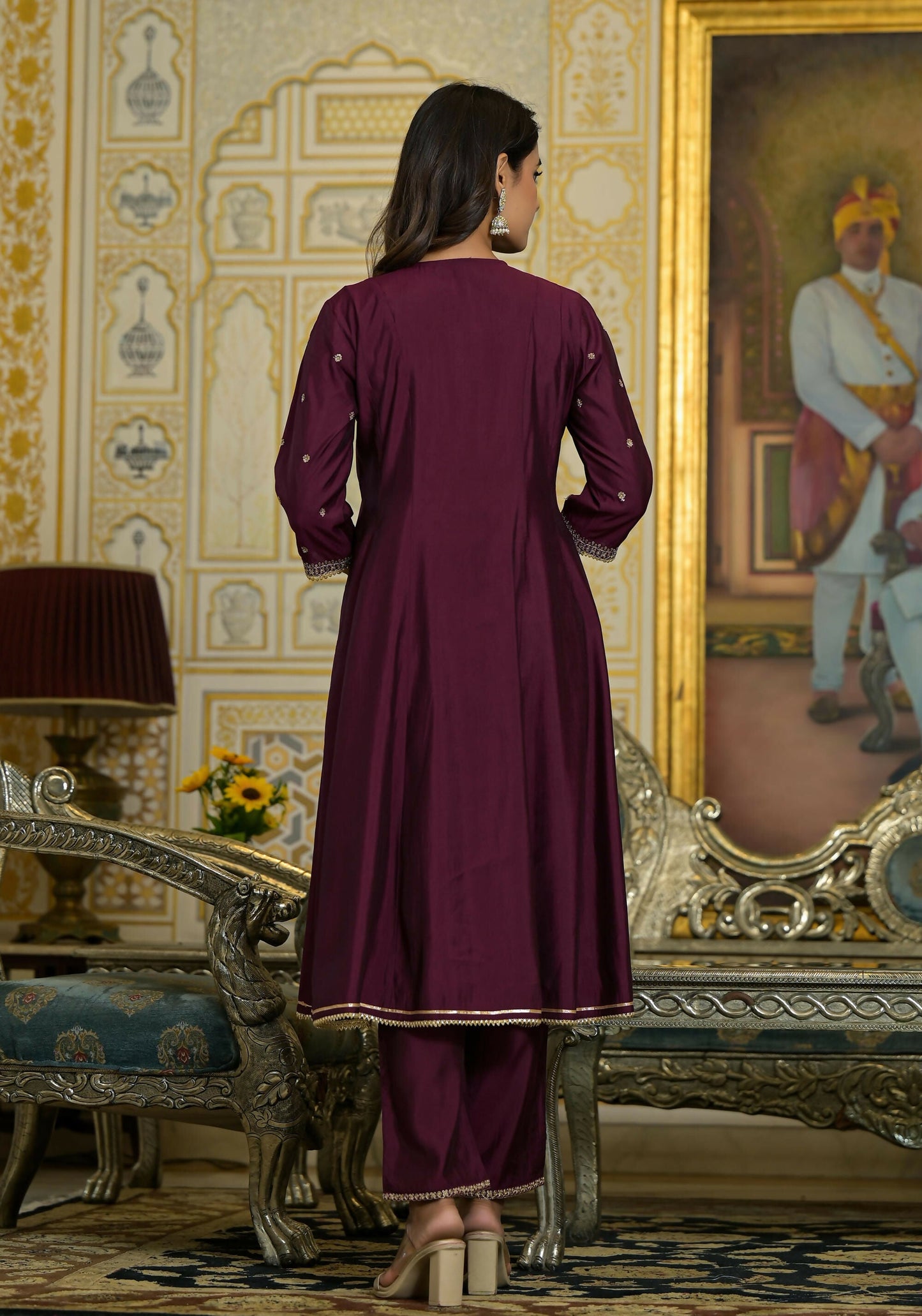 Juniper Women's Wine Zari Embroidered Viscose Kurta Pant And Dupatta Set With Sequins & Lace