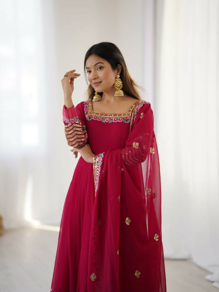 Joban Fashion Red Georgette Sequence Embroidery Work Readymade Kurta Set