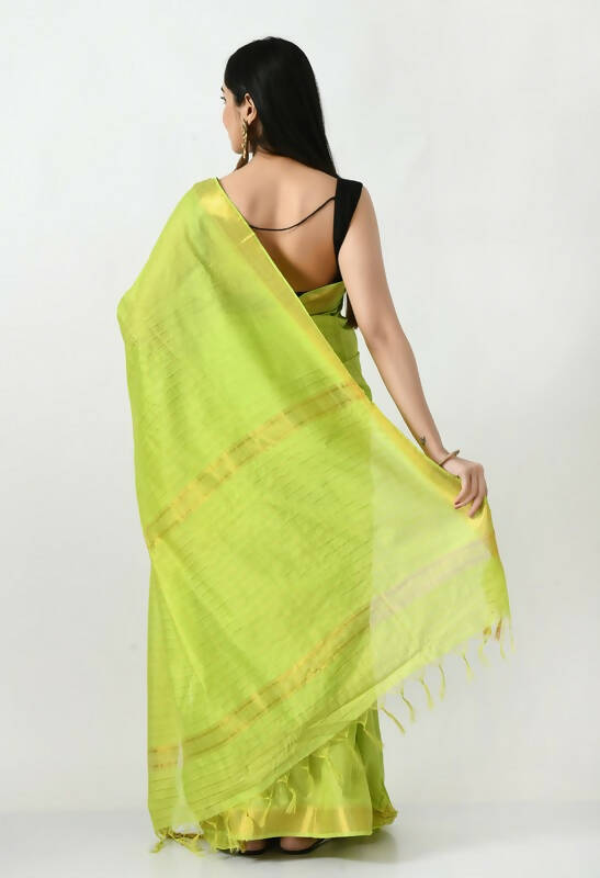 Mominos Fashion Moeza Parrot Green Bhagalpuri Handloom Silk Raj Shree Saree with unstitched Blouse piece