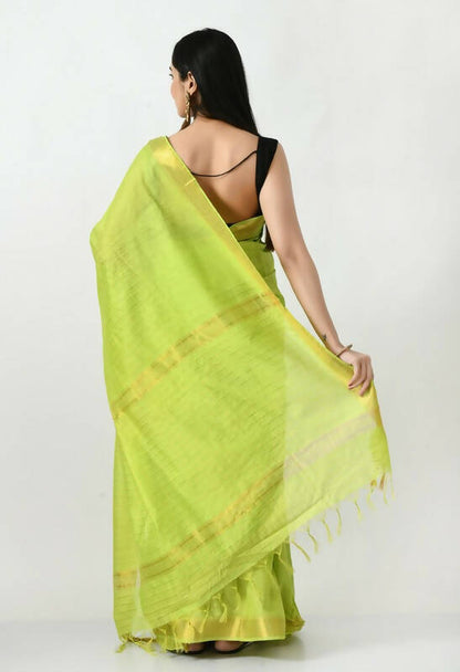Mominos Fashion Moeza Parrot Green Bhagalpuri Handloom Silk Raj Shree Saree with unstitched Blouse piece