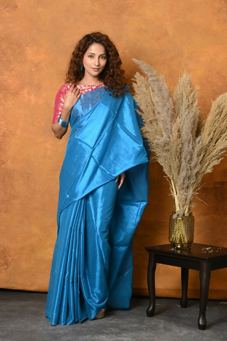 Very Much Indian Fusion Cotton Tissue Shimmer Saree - Light Blue