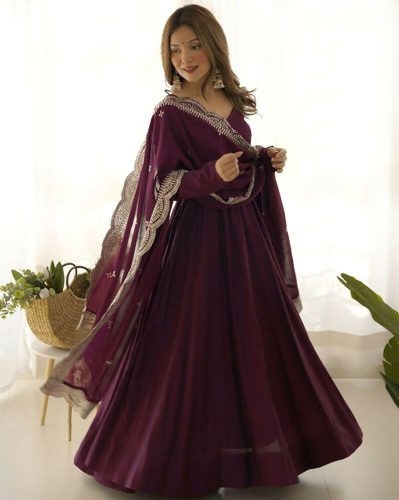 Joban Fashion Wine Kurta Set Chanderi Sequence Embroidery Work