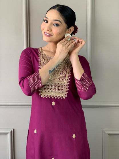 Partywear Designer Rayon Slub Wine Stitched Suit With Dupatta - Tanisha