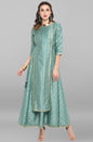 Janasya Green Rayon Crepe Foil Print Flared Ethnic Dress