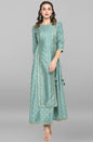 Janasya Green Rayon Crepe Foil Print Flared Ethnic Dress