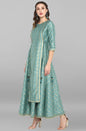 Janasya Green Rayon Crepe Foil Print Flared Ethnic Dress