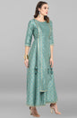 Janasya Green Rayon Crepe Foil Print Flared Ethnic Dress