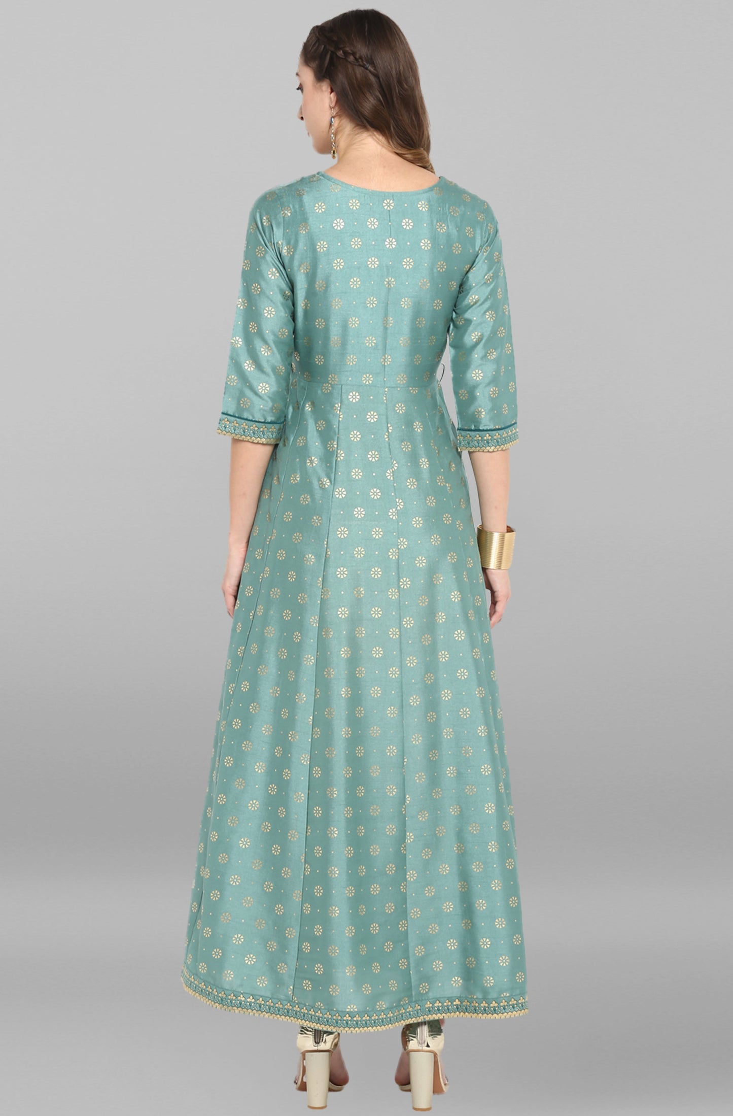 Janasya Green Rayon Crepe Foil Print Flared Ethnic Dress