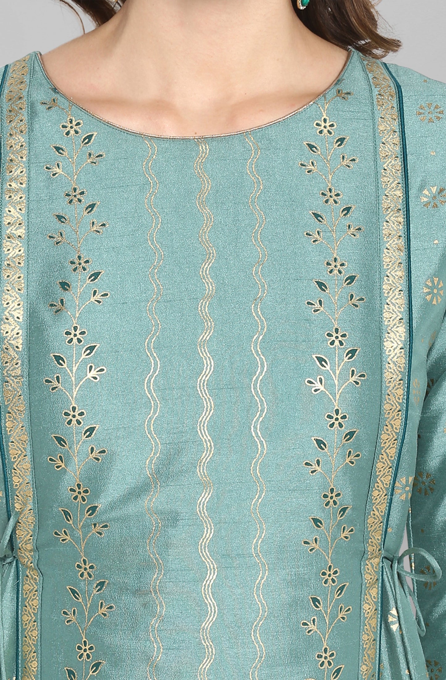 Janasya Green Rayon Crepe Foil Print Flared Ethnic Dress