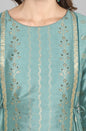 Janasya Green Rayon Crepe Foil Print Flared Ethnic Dress