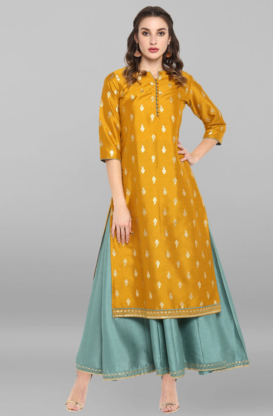 Janasya Light Green Poly Silk Gold Print Anarkali Ethnic Dress