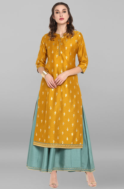 Janasya Light Green Poly Silk Gold Print Anarkali Ethnic Dress