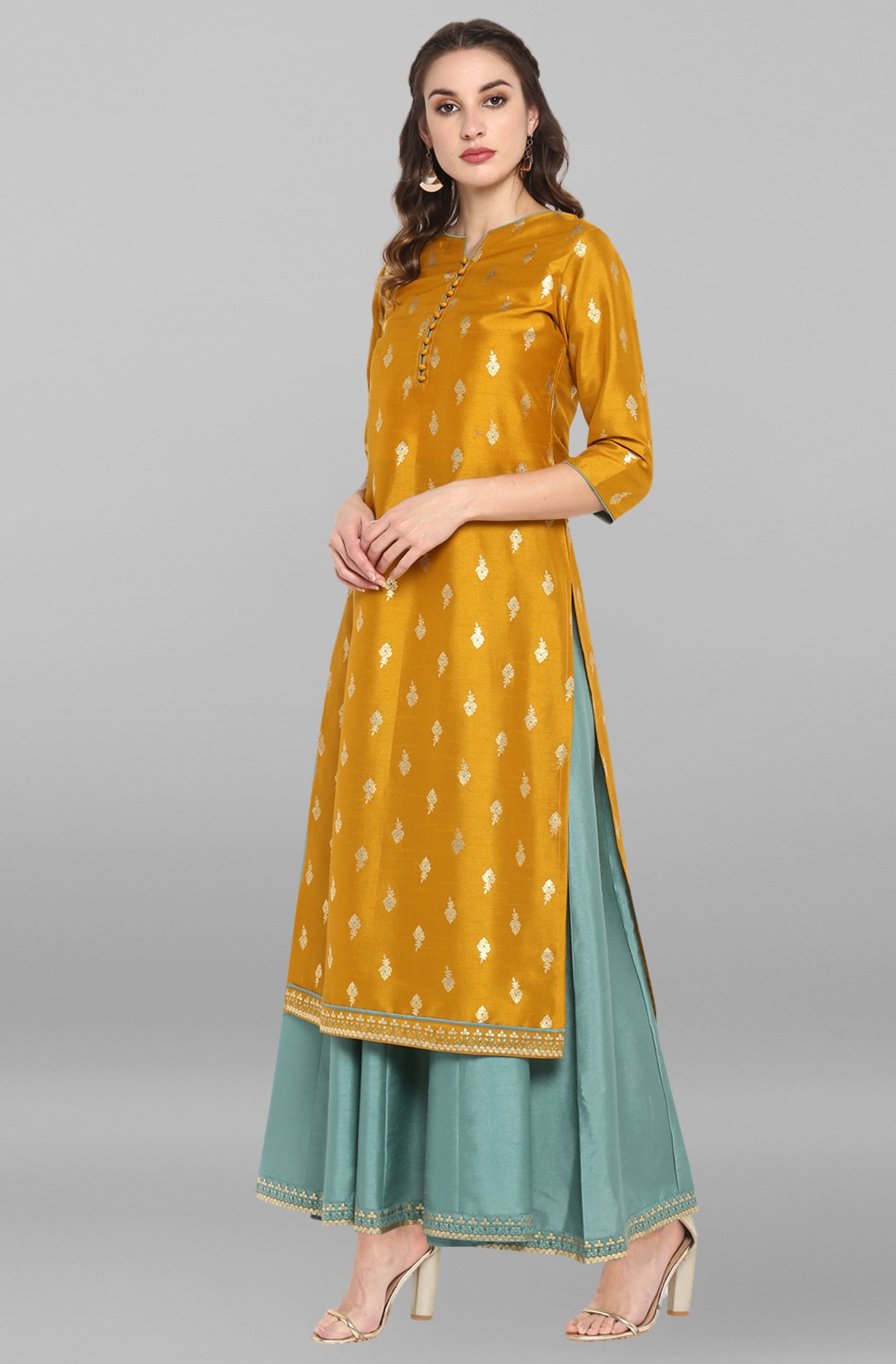 Janasya Light Green Poly Silk Gold Print Anarkali Ethnic Dress