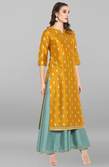 Janasya Light Green Poly Silk Gold Print Anarkali Ethnic Dress