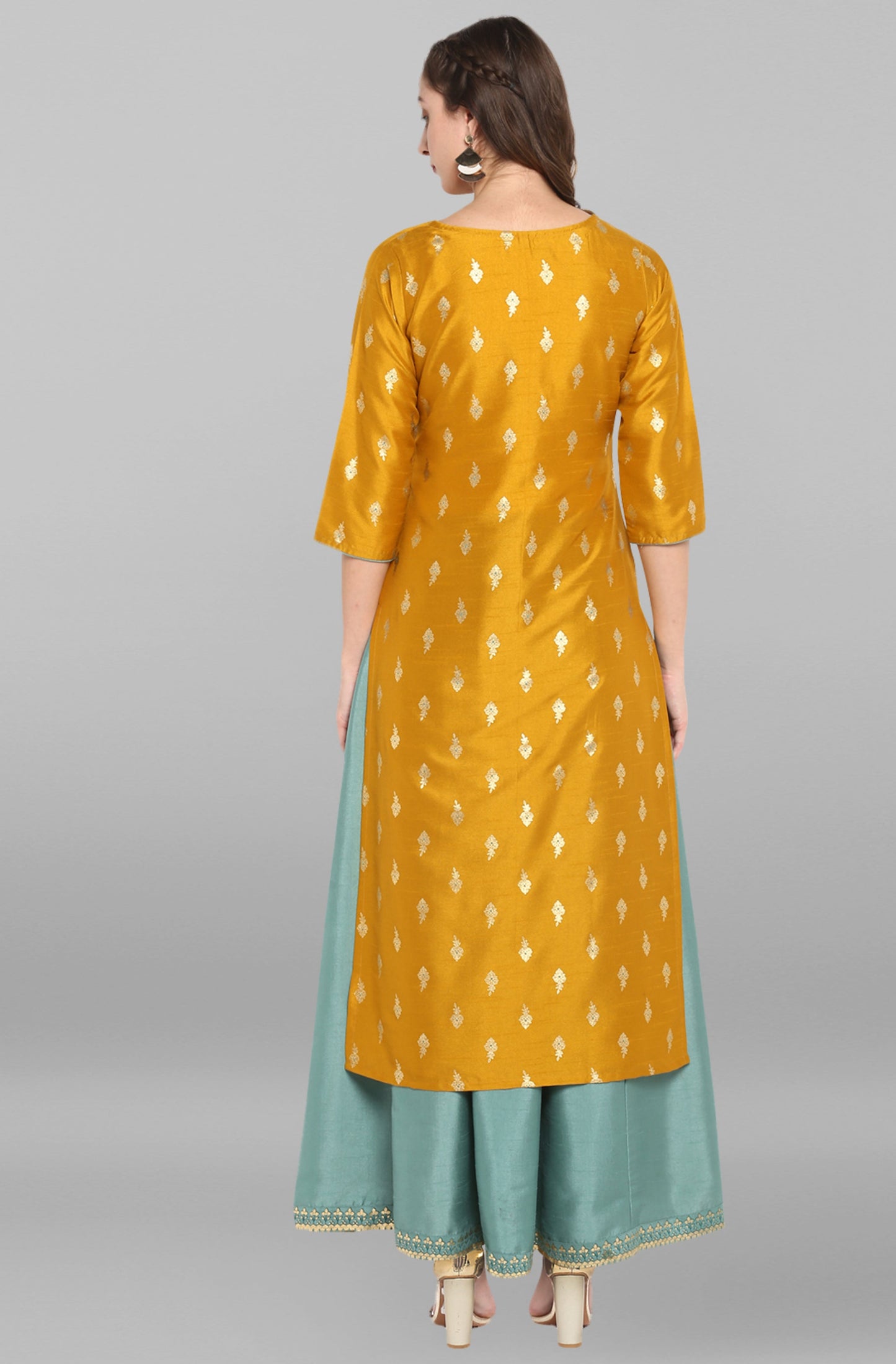 Janasya Light Green Poly Silk Gold Print Anarkali Ethnic Dress