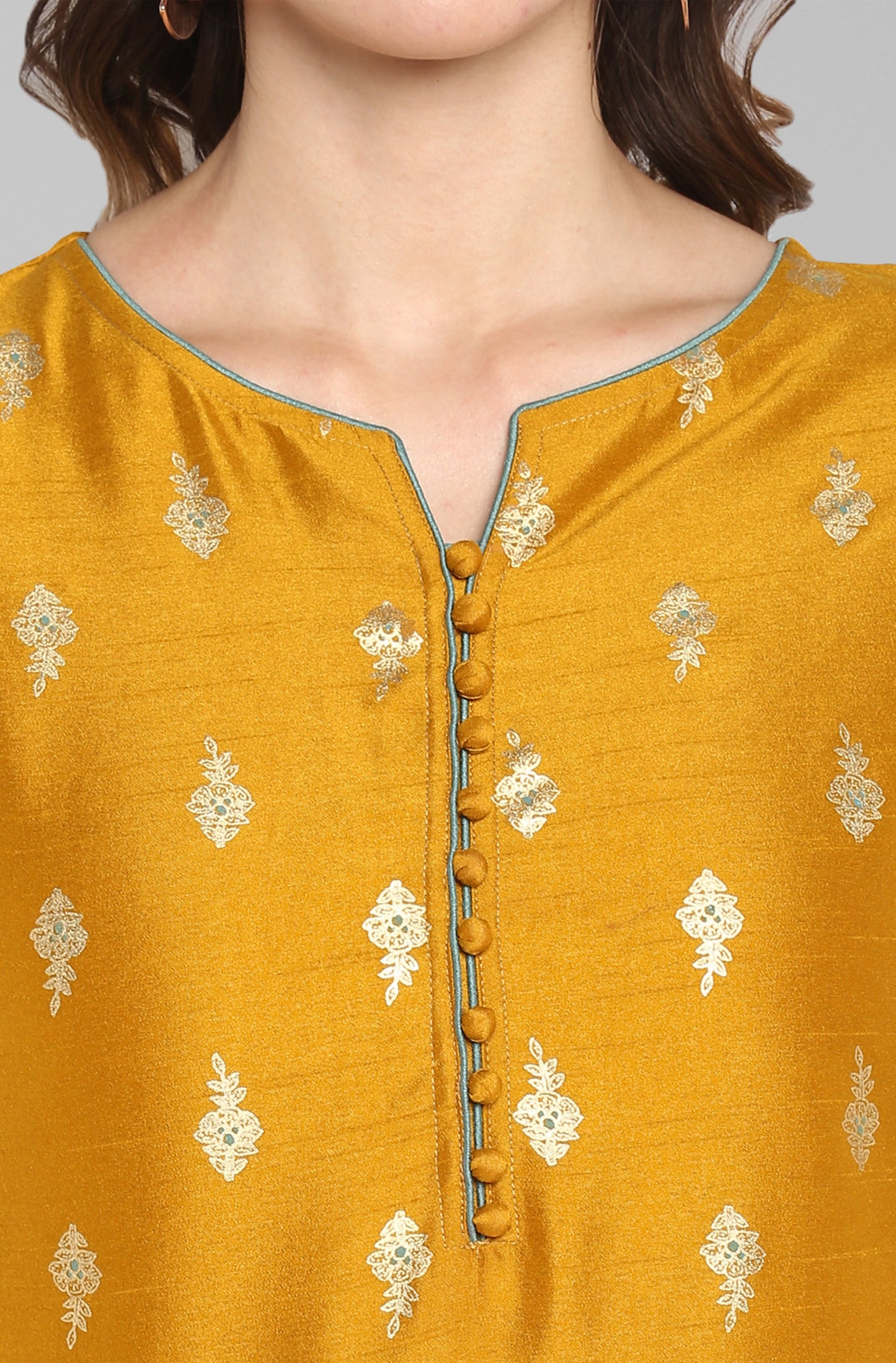 Janasya Light Green Poly Silk Gold Print Anarkali Ethnic Dress