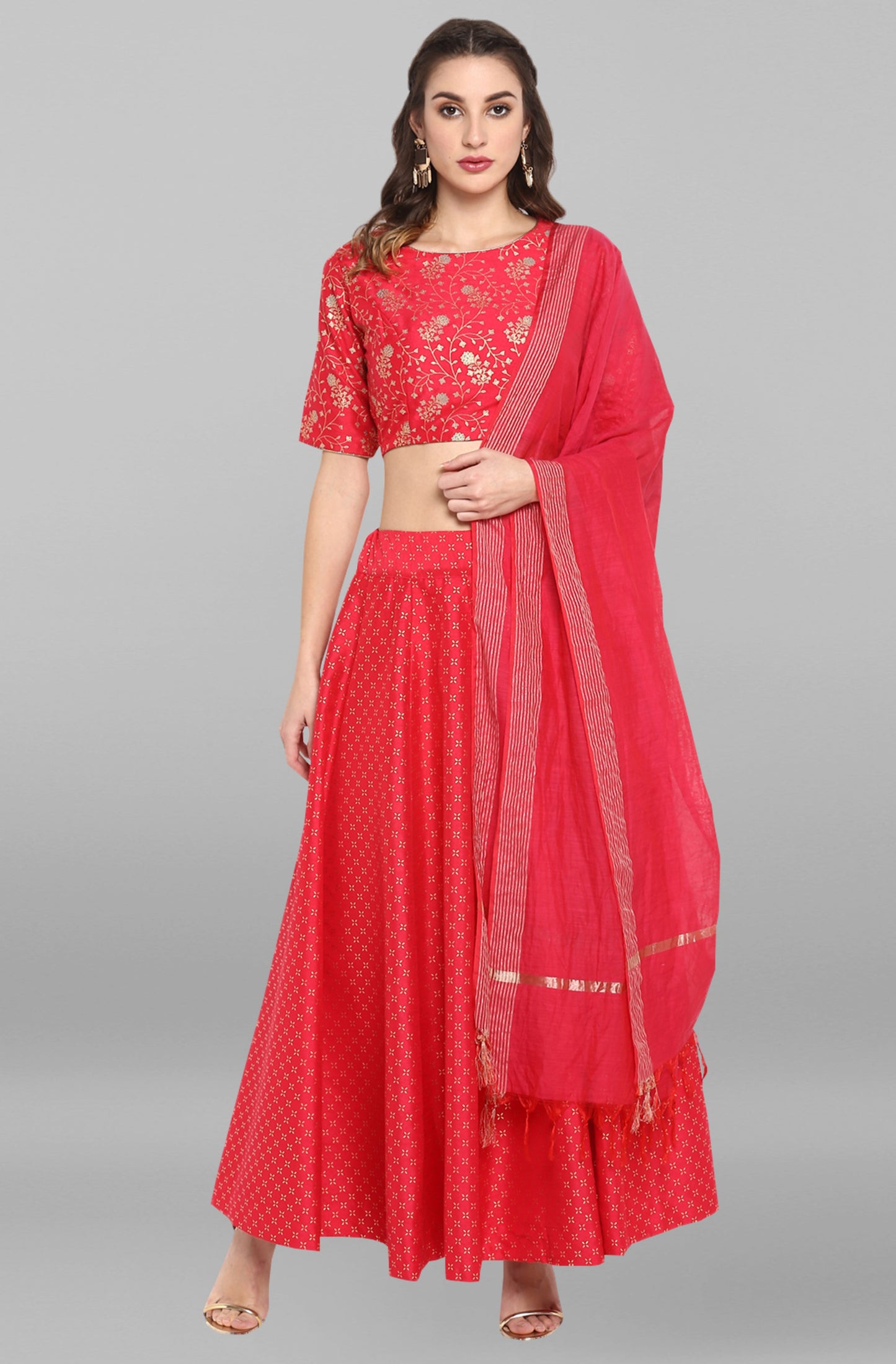 Janasya Women's Pink Poly Silk Gold Print Lehenga Choli With Dupatta