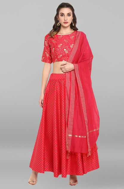 Janasya Women's Pink Poly Silk Gold Print Lehenga Choli With Dupatta