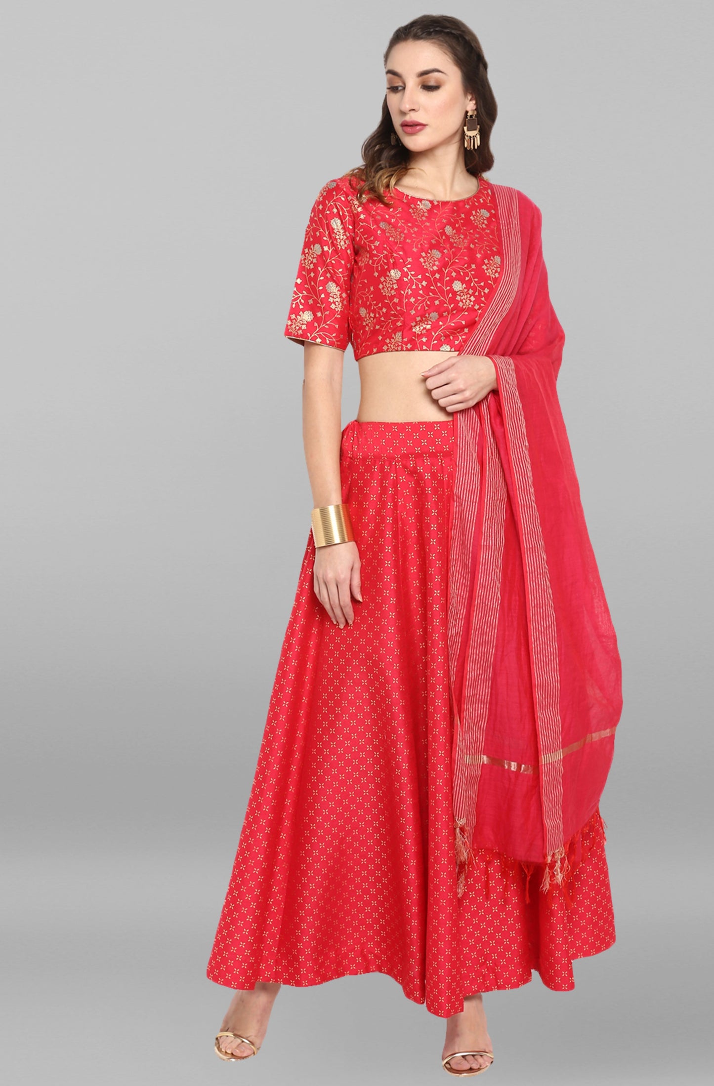Janasya Women's Pink Poly Silk Gold Print Lehenga Choli With Dupatta