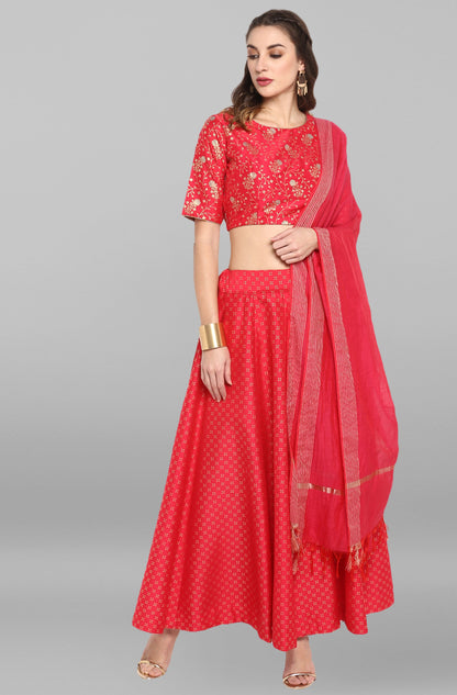 Janasya Women's Pink Poly Silk Gold Print Lehenga Choli With Dupatta