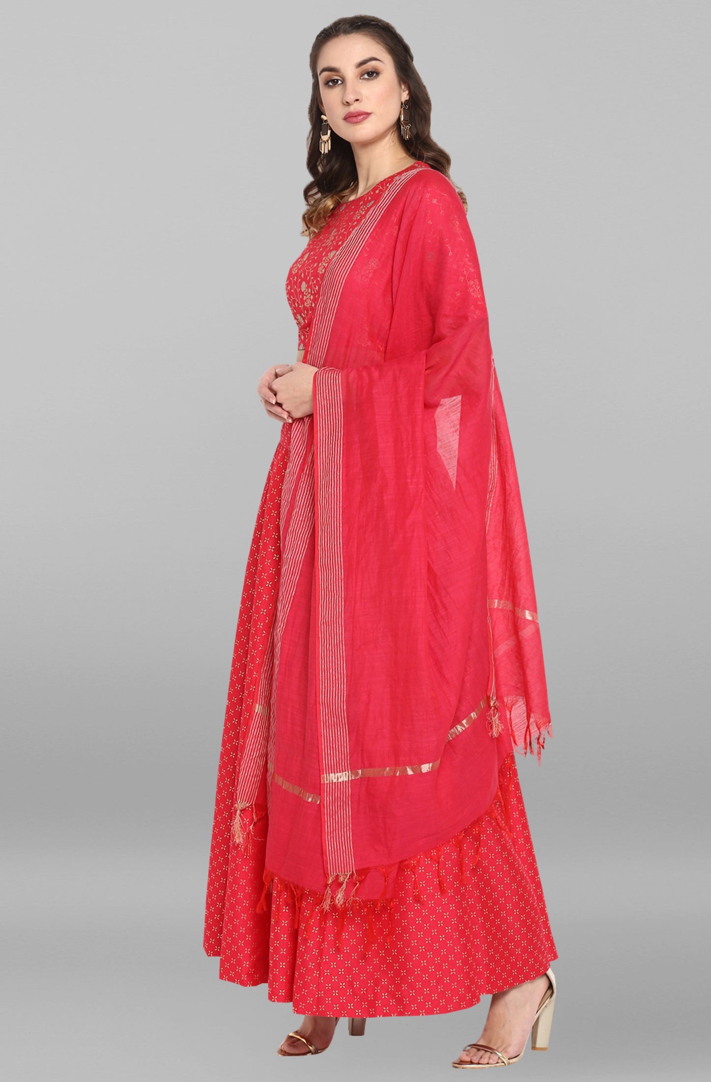 Janasya Women's Pink Poly Silk Gold Print Lehenga Choli With Dupatta