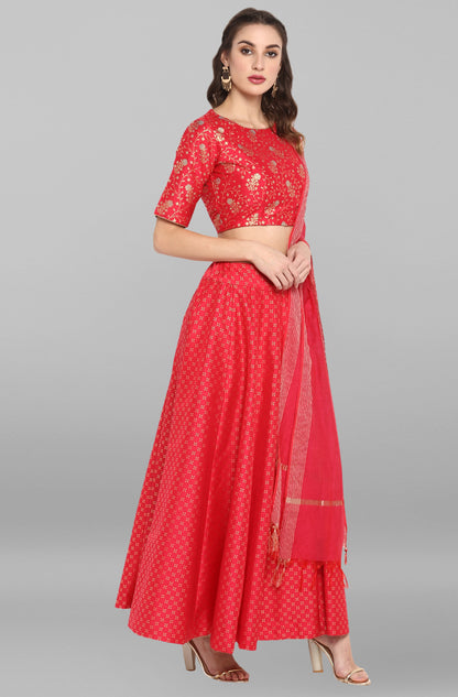 Janasya Women's Pink Poly Silk Gold Print Lehenga Choli With Dupatta