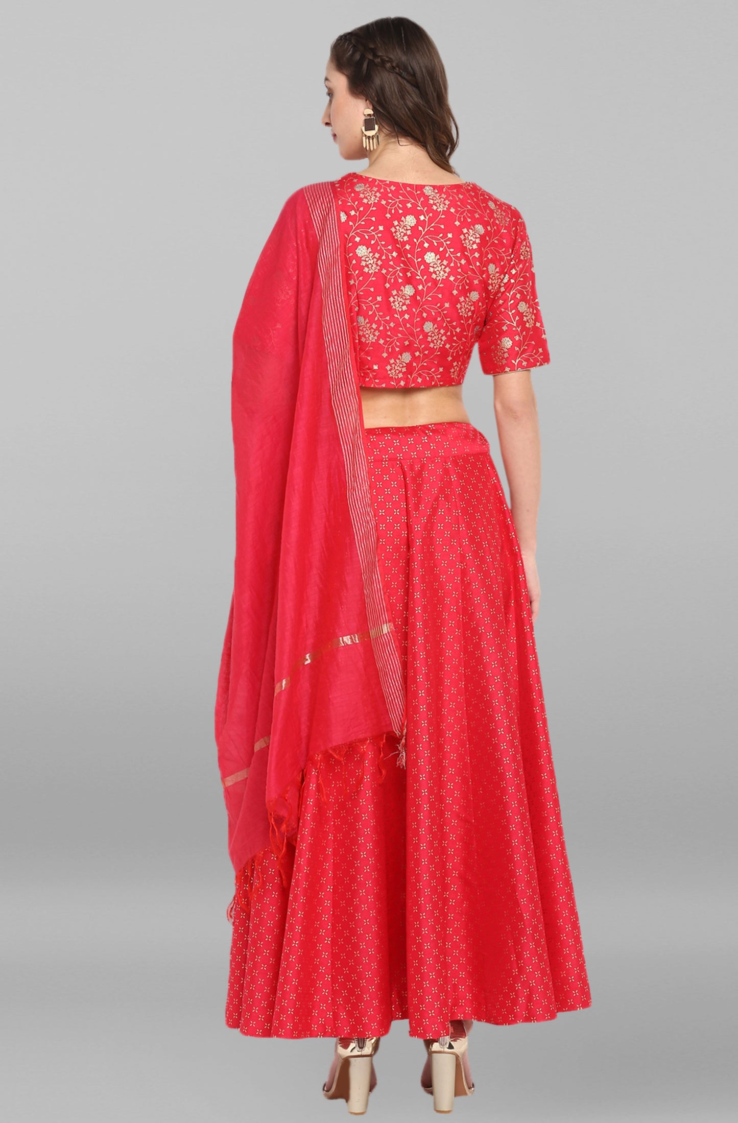 Janasya Women's Pink Poly Silk Gold Print Lehenga Choli With Dupatta