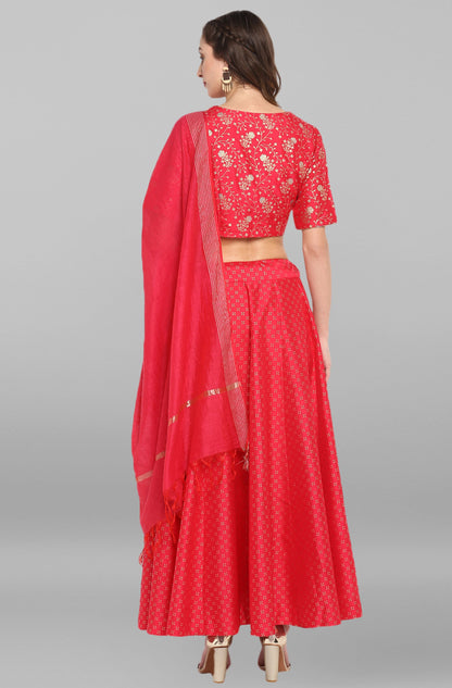Janasya Women's Pink Poly Silk Gold Print Lehenga Choli With Dupatta