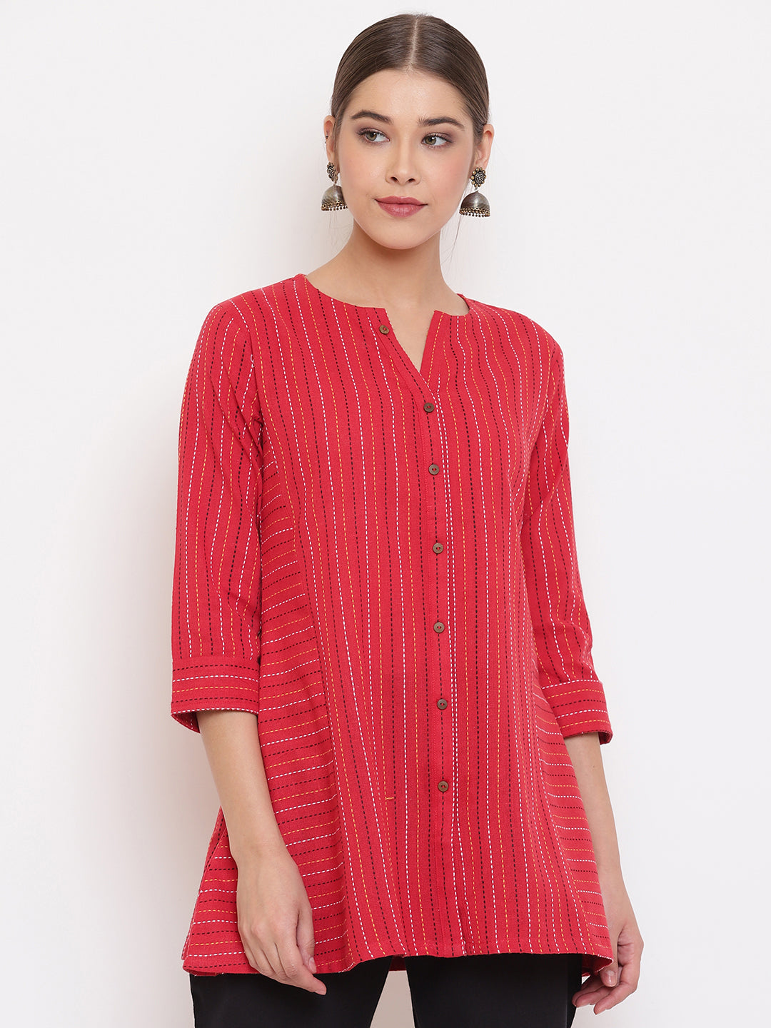 Janasya Women's Red Cotton Woven Design A-Line Top