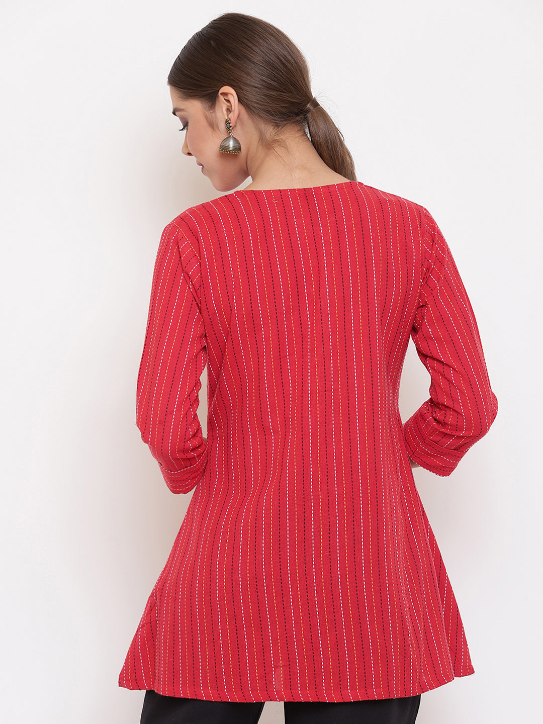 Janasya Women's Red Cotton Woven Design A-Line Top