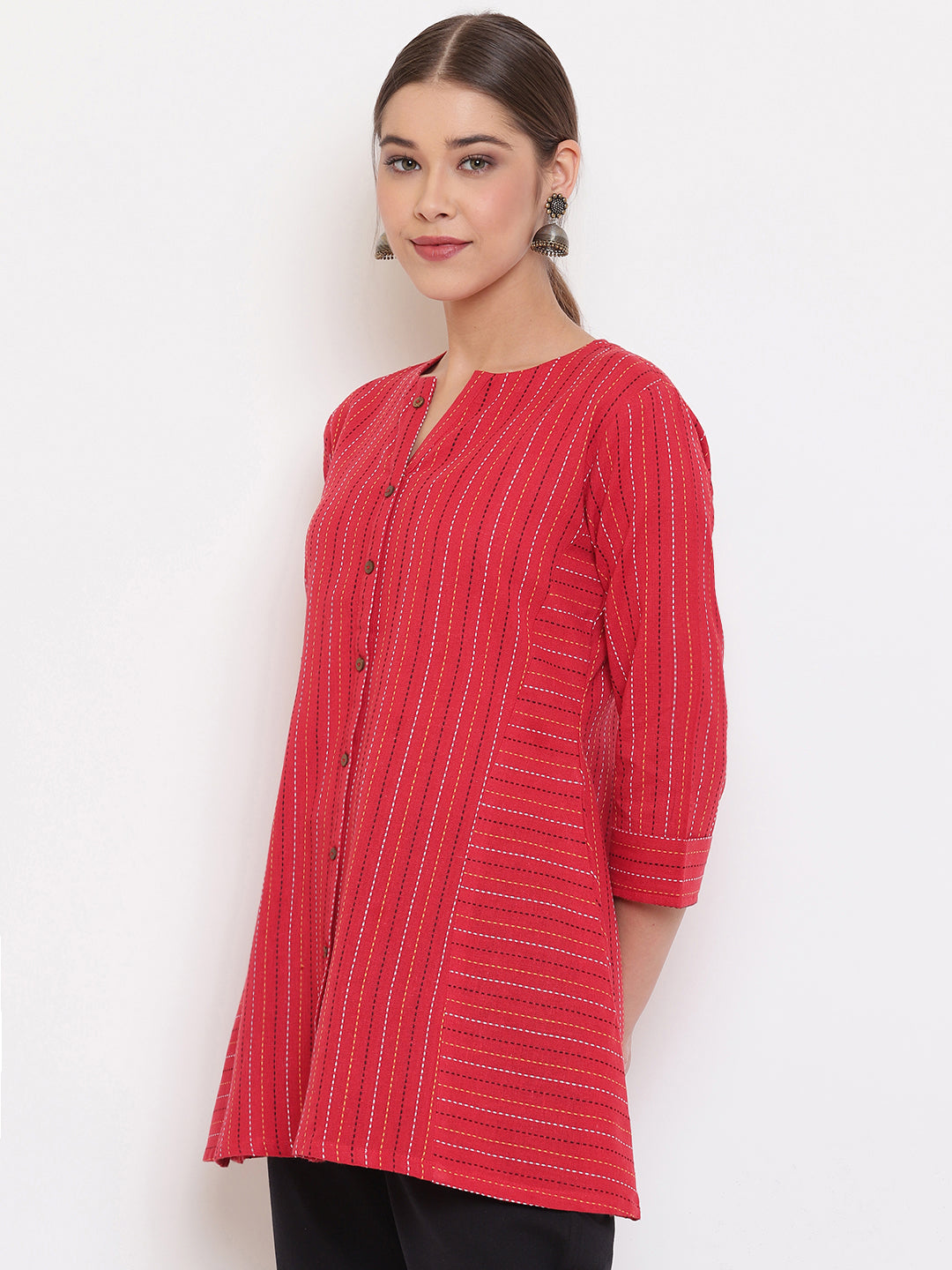 Janasya Women's Red Cotton Woven Design A-Line Top
