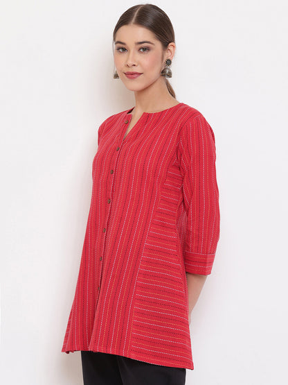 Janasya Women's Red Cotton Woven Design A-Line Top