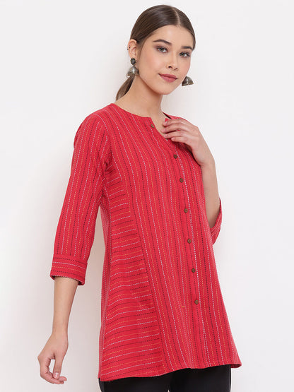 Janasya Women's Red Cotton Woven Design A-Line Top