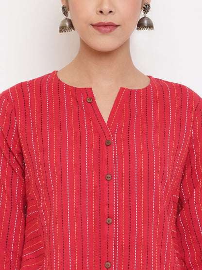 Janasya Women's Red Cotton Woven Design A-Line Top