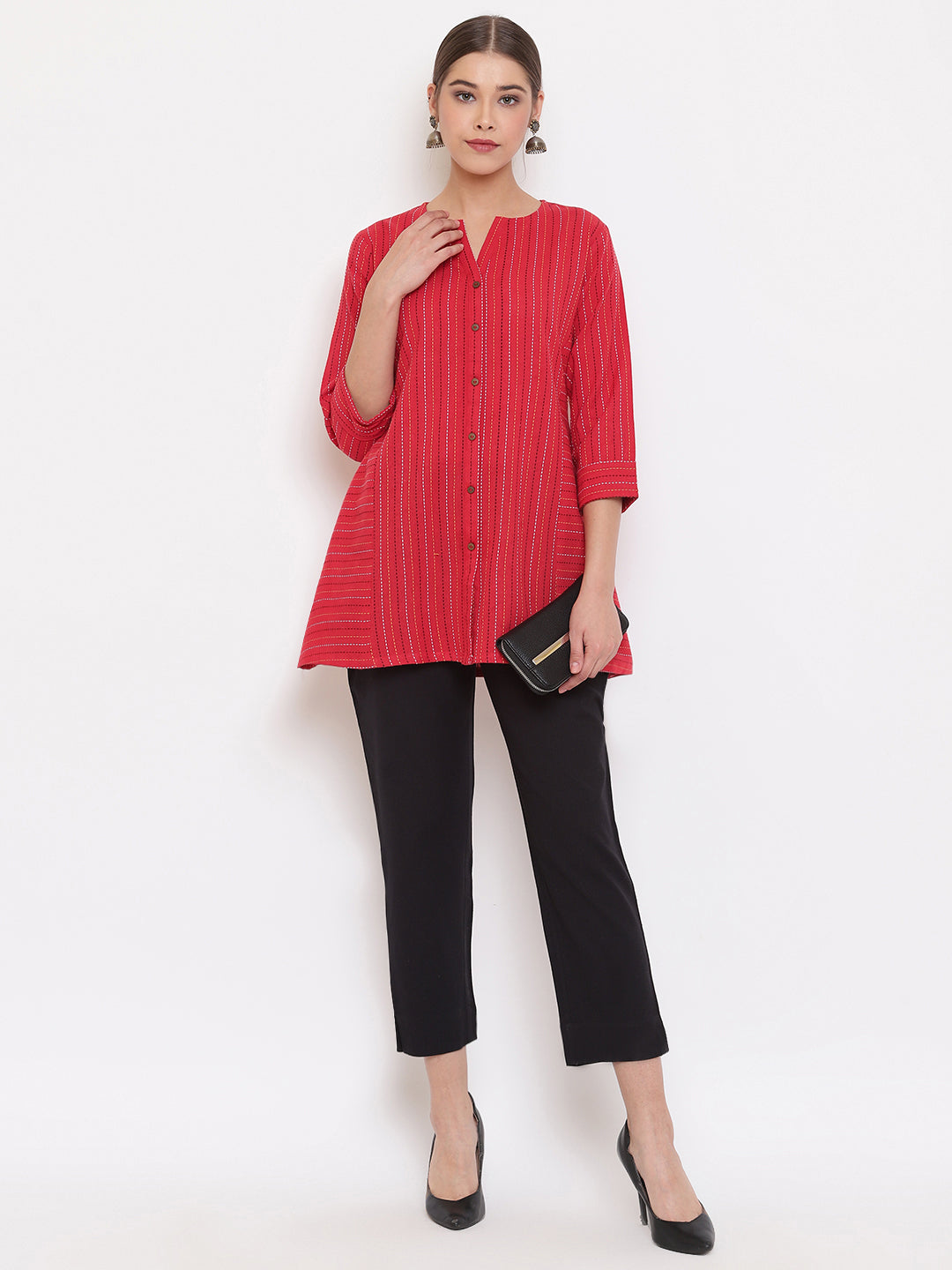 Janasya Women's Red Cotton Woven Design A-Line Top