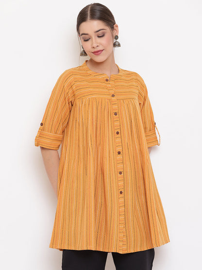 Janasya Women's Mustard Cotton Woven Design Gathered Tunic