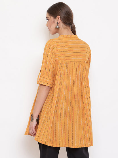 Janasya Women's Mustard Cotton Woven Design Gathered Tunic