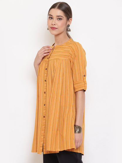 Janasya Women's Mustard Cotton Woven Design Gathered Tunic