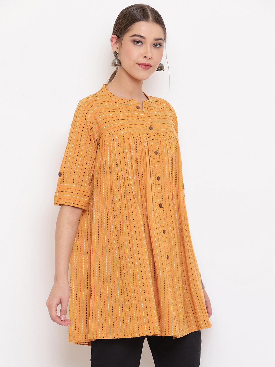 Janasya Women's Mustard Cotton Woven Design Gathered Tunic