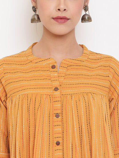 Janasya Women's Mustard Cotton Woven Design Gathered Tunic