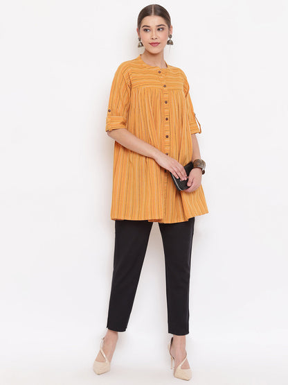Janasya Women's Mustard Cotton Woven Design Gathered Tunic